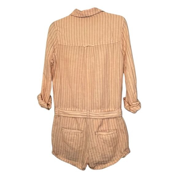 Free People Yarn Dye Stripe Linen Blend Belted Romper Pink Black Long Sleeve Sho - Picture 4 of 9